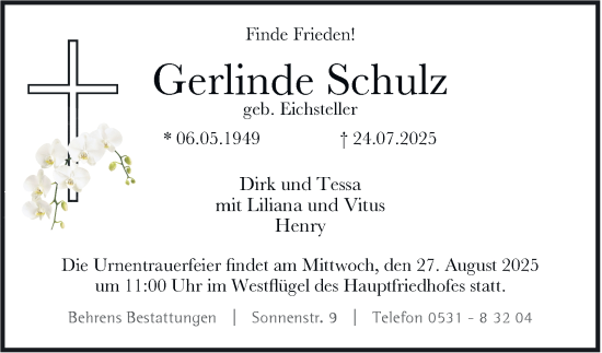 Traueranzeige von Gerlinde Schulz von Braunschweiger Zeitung