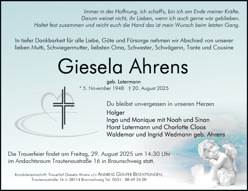  Traueranzeige für Giesela Ahrens vom 23.08.2025 aus Braunschweiger Zeitung