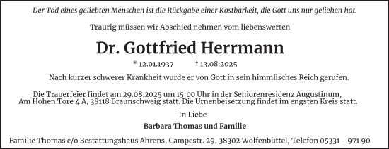Traueranzeige von Gottfried Herrmann von Wolfenbütteler Zeitung