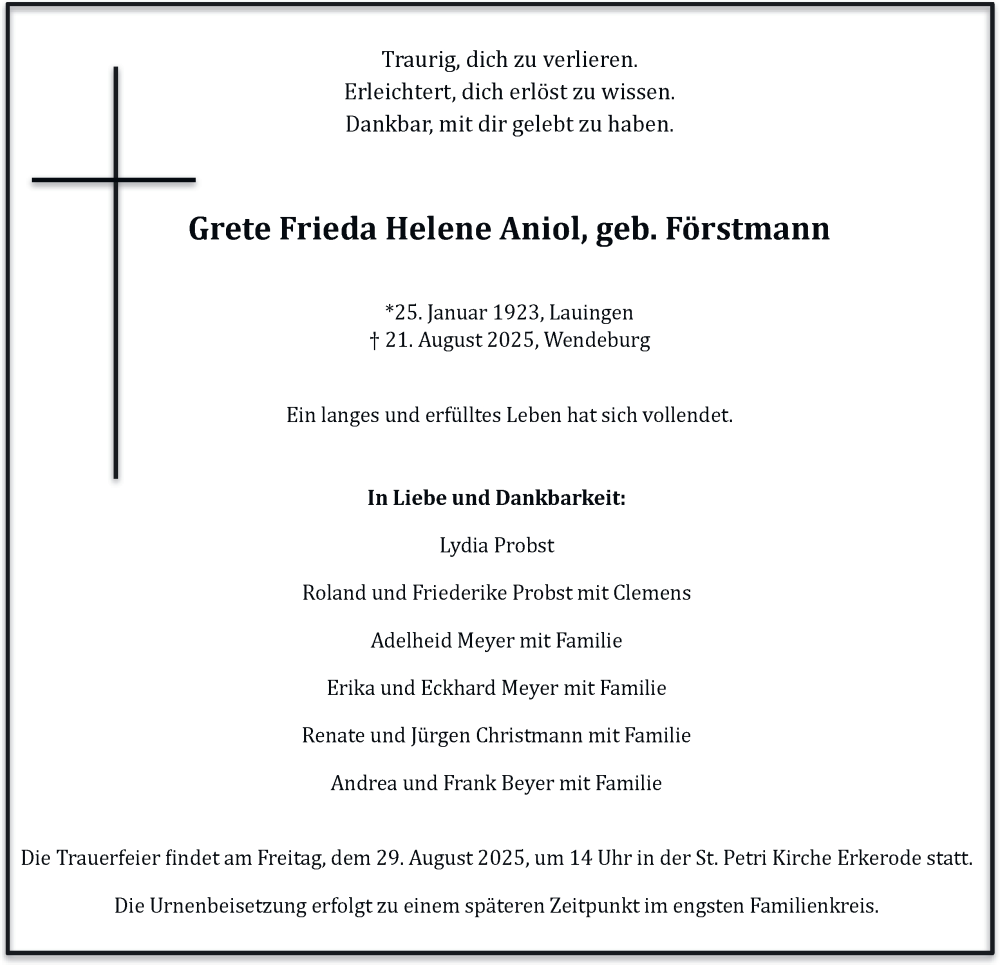  Traueranzeige für Grete Frieda Helene Aniol vom 27.08.2025 aus Braunschweiger Zeitung