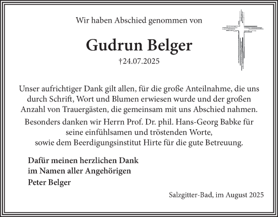 Traueranzeige von Gudrun Belger von Salzgitter-Zeitung