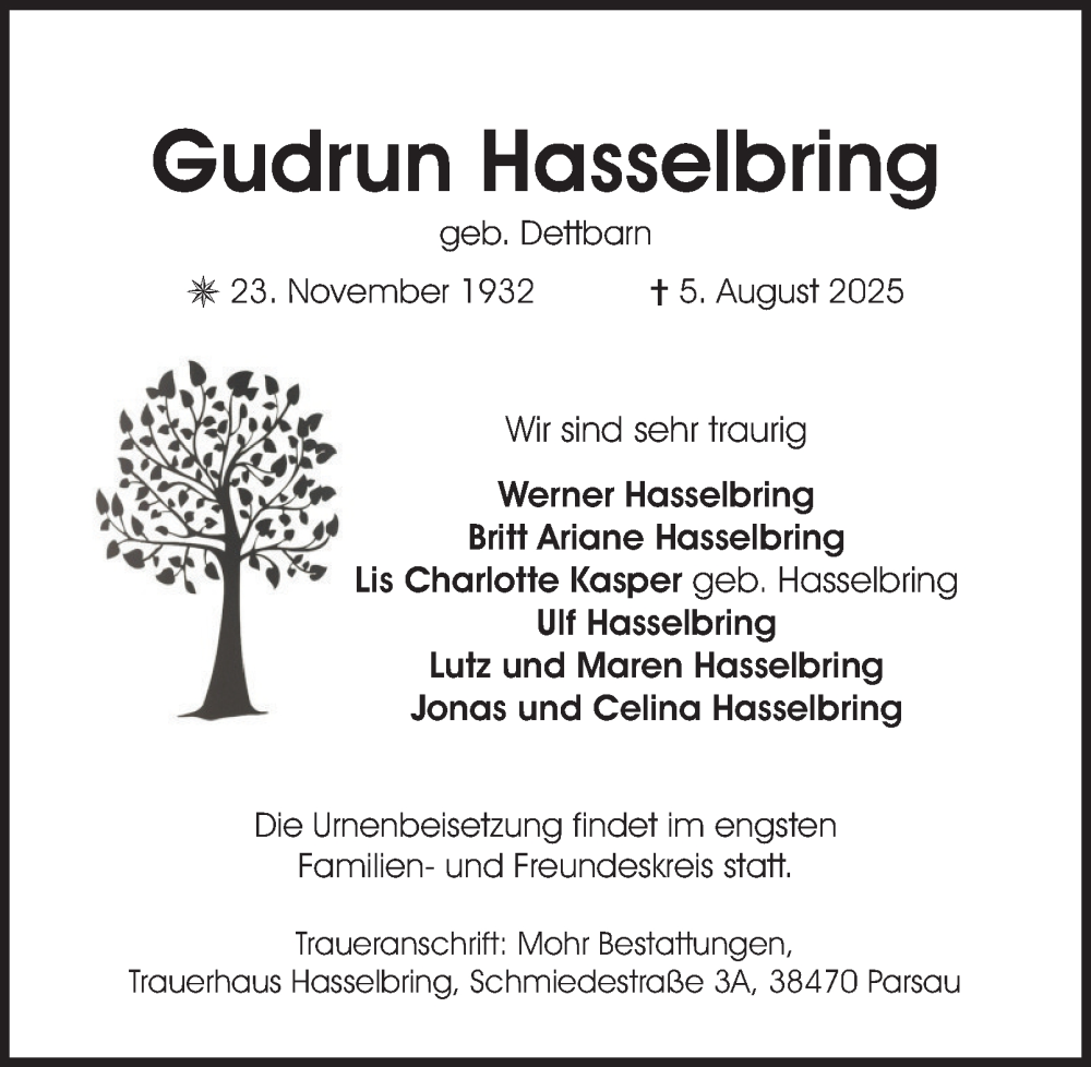  Traueranzeige für Gudrun Hasselbring vom 16.08.2025 aus Braunschweiger Zeitung, Wolfsburger Nachrichten