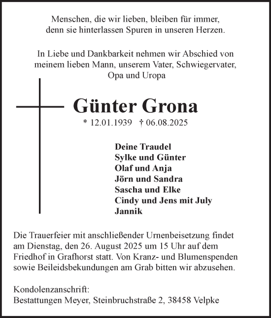 Traueranzeige von Günter Grona von Helmstedter Nachrichten
