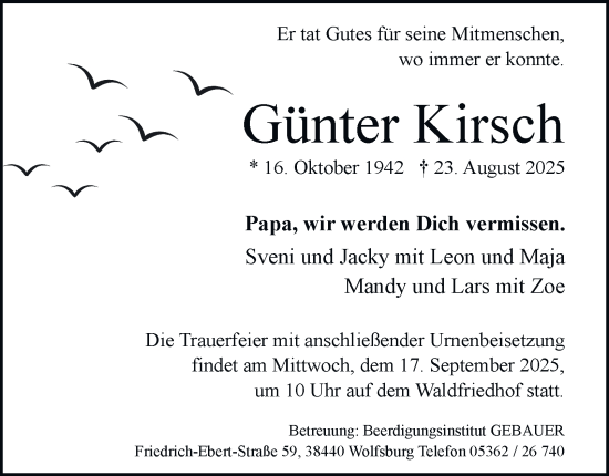 Traueranzeige von Günter Kirsch von Braunschweiger Zeitung, Wolfsburger Nachrichten