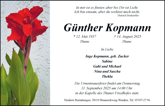 Traueranzeige von Günther Kopmann von Braunschweiger Zeitung