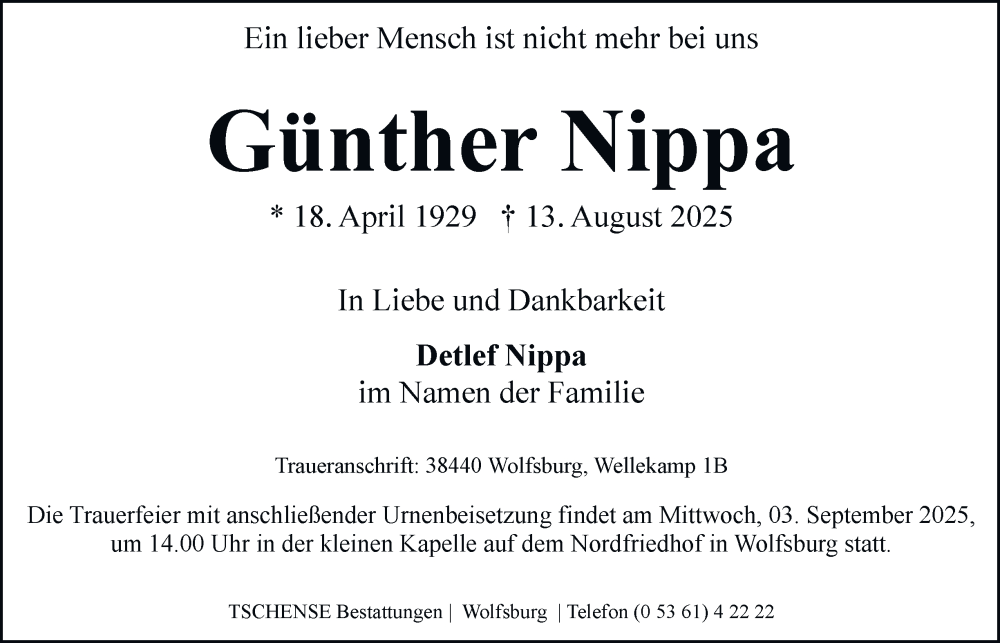  Traueranzeige für Günther Nippa vom 27.08.2025 aus Braunschweiger Zeitung, Wolfsburger Nachrichten