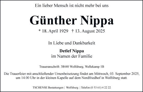 Traueranzeige von Günther Nippa von Braunschweiger Zeitung, Wolfsburger Nachrichten