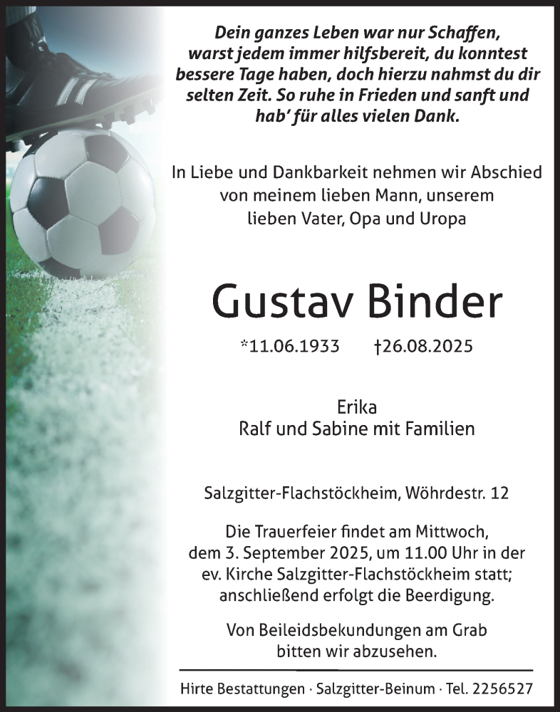  Traueranzeige für Gustav Binder vom 30.08.2025 aus Salzgitter-Zeitung