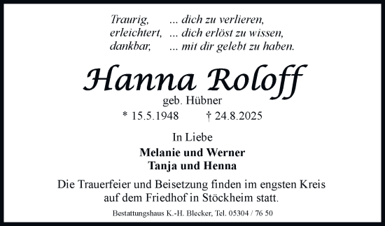Traueranzeige von Hanna Roloff von Braunschweiger Zeitung