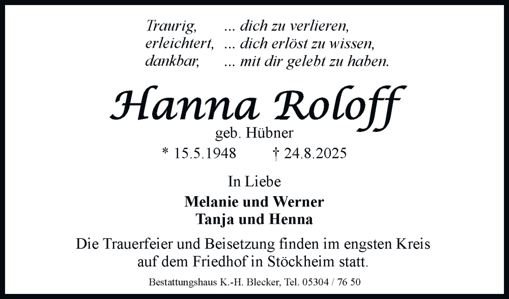  Traueranzeige für Hanna Roloff vom 30.08.2025 aus Braunschweiger Zeitung