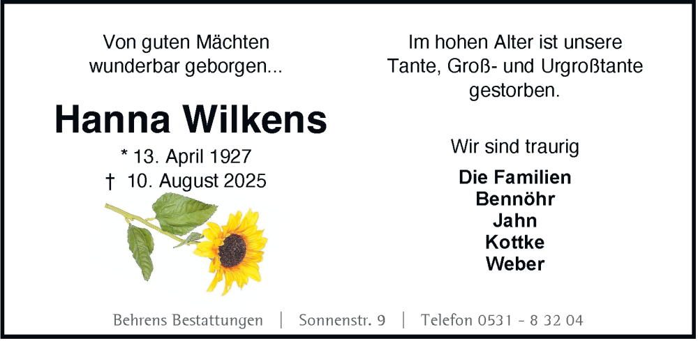  Traueranzeige für Hanna Wilkens vom 16.08.2025 aus Braunschweiger Zeitung