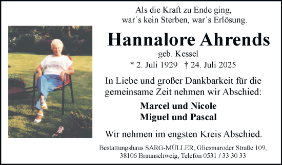Traueranzeige von Hannelore Ahrends von Braunschweiger Zeitung