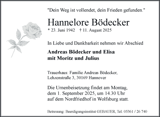Traueranzeige von Hannelore Bödecker von Braunschweiger Zeitung, Wolfsburger Nachrichten