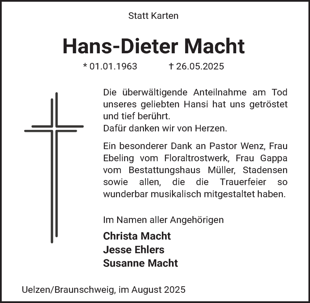  Traueranzeige für Hans-Dieter Macht vom 02.08.2025 aus Braunschweiger Zeitung