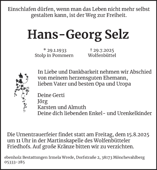 Traueranzeige von Hans-Georg Selz von Wolfenbütteler Zeitung