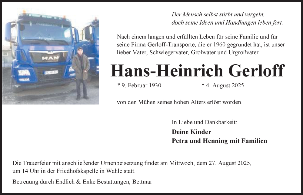  Traueranzeige für Hans-Heinrich Gerloff vom 16.08.2025 aus Peiner Nachrichten