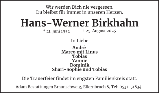 Traueranzeige von Hans-Werner Birkhahn von Braunschweiger Zeitung
