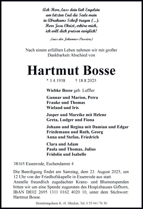 Traueranzeige von Hartmut Bosse von Helmstedter Nachrichten
