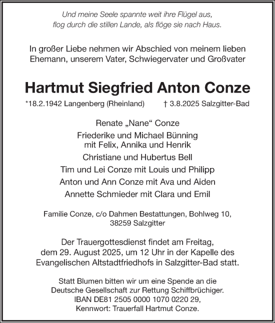 Traueranzeige von Hartmut Siegfried Anton Conze von Salzgitter-Zeitung