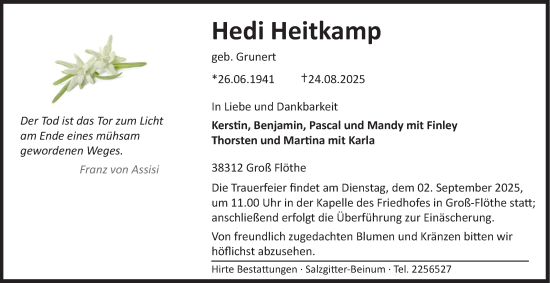Traueranzeige von Hedi Heitkamp von Salzgitter-Zeitung