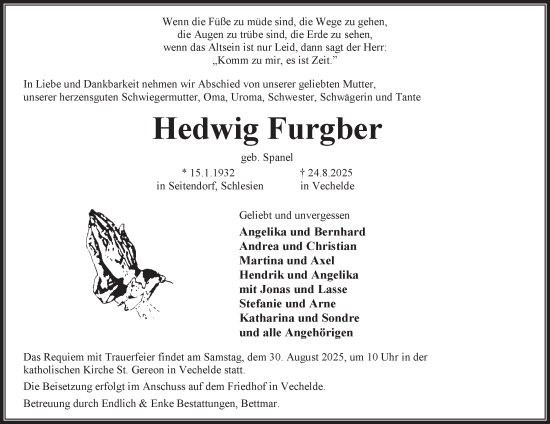 Traueranzeige von Hedwig Furgber von Peiner Nachrichten