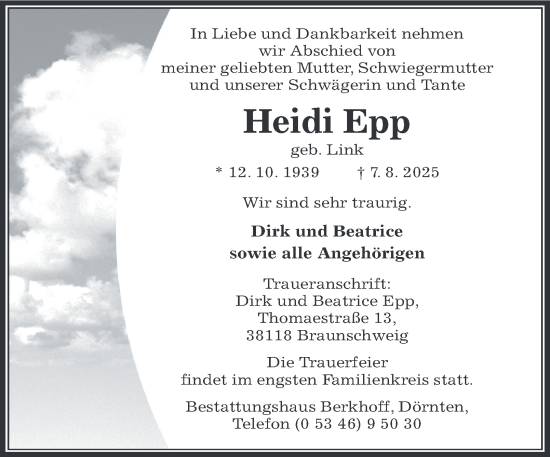 Traueranzeige von Heidi Epp von Salzgitter-Zeitung