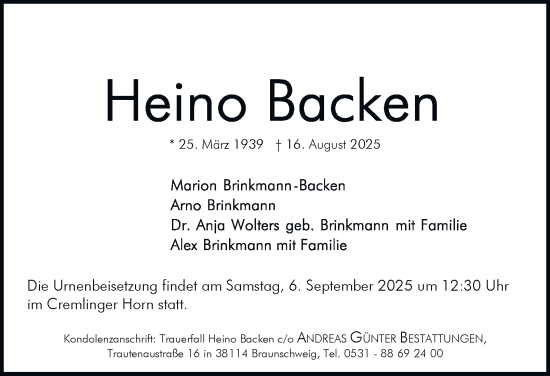 Traueranzeige von Heino Backen von Braunschweiger Zeitung