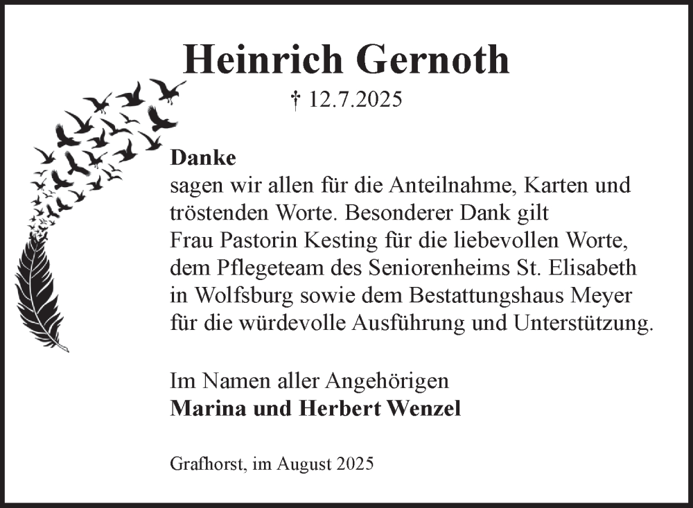  Traueranzeige für Heinrich Gernoth vom 02.08.2025 aus Helmstedter Nachrichten