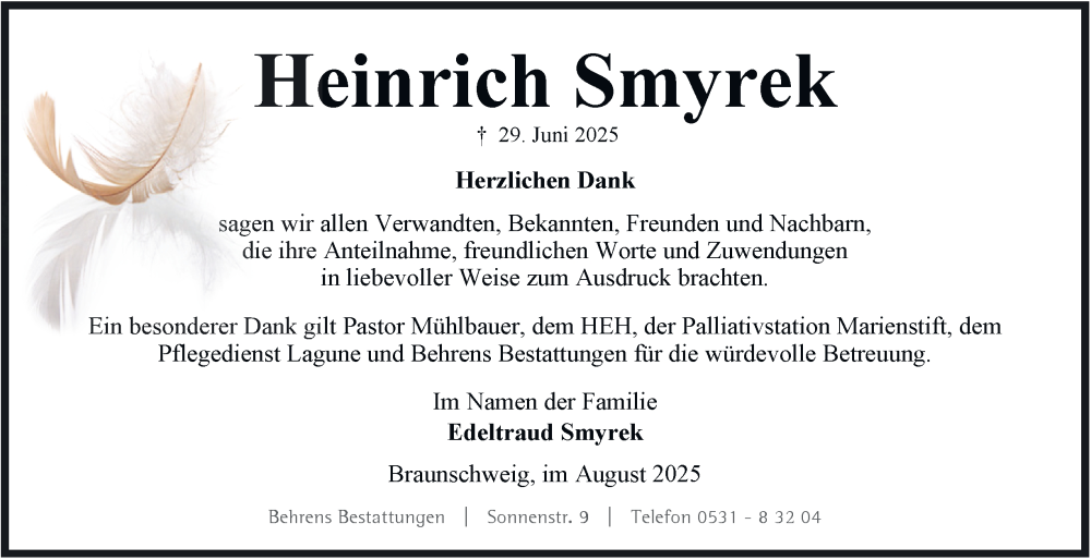  Traueranzeige für Heinrich Smyrek vom 30.08.2025 aus Braunschweiger Zeitung