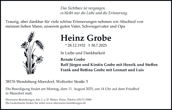 Traueranzeige von Heinz Grobe von Peiner Nachrichten