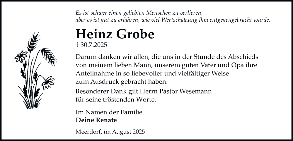  Traueranzeige für Heinz Grobe vom 30.08.2025 aus Peiner Nachrichten