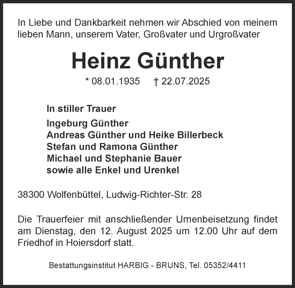  Traueranzeige für Heinz Günther vom 02.08.2025 aus Helmstedter Nachrichten