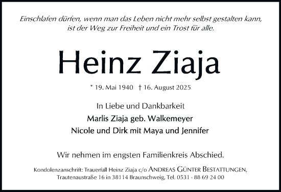 Traueranzeige von Heinz Ziaja von Braunschweiger Zeitung