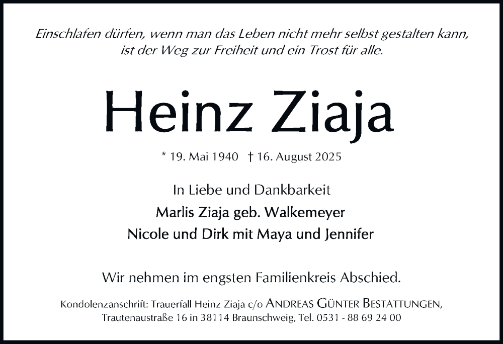  Traueranzeige für Heinz Ziaja vom 23.08.2025 aus Braunschweiger Zeitung