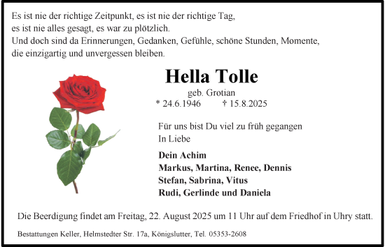 Traueranzeige von Hella Tolle von Helmstedter Nachrichten