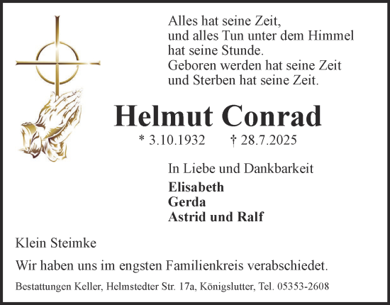 Traueranzeige von Helmut Conrad von Braunschweiger Zeitung, Wolfsburger Nachrichten