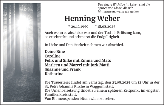 Traueranzeige von Henning Weber von Braunschweiger Zeitung