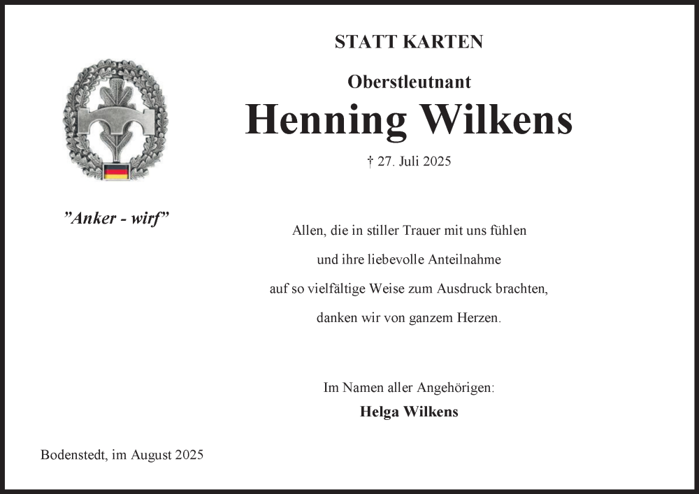  Traueranzeige für Henning Wilkens vom 23.08.2025 aus Braunschweiger Zeitung