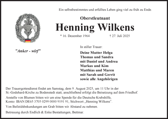 Traueranzeige von Henning Wilkens von Braunschweiger Zeitung