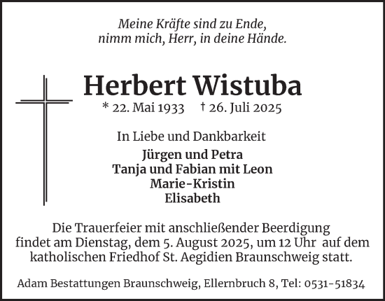 Traueranzeige von Herbert Wistuba von Braunschweiger Zeitung