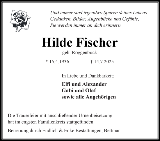 Traueranzeige von Hilde Fischer von Peiner Nachrichten