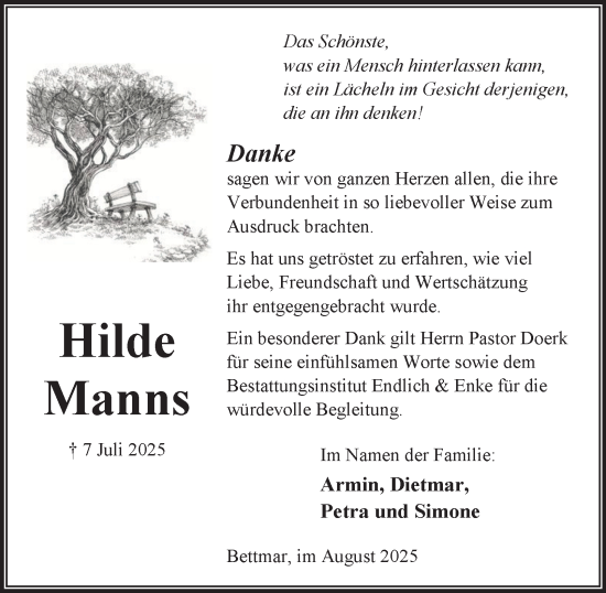 Traueranzeige von Hilde Manns von Peiner Nachrichten