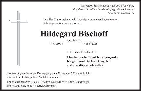Traueranzeige von Hildegard Bischoff von Peiner Nachrichten