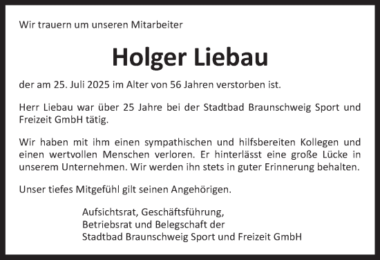 Traueranzeige von Holger Liebau von Braunschweiger Zeitung