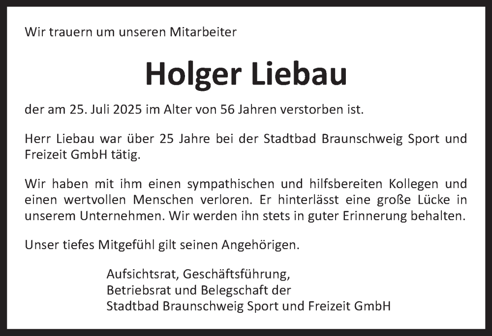  Traueranzeige für Holger Liebau vom 12.08.2025 aus Braunschweiger Zeitung
