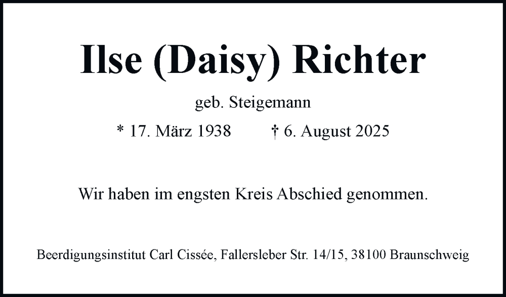  Traueranzeige für Ilse Richter vom 23.08.2025 aus Braunschweiger Zeitung