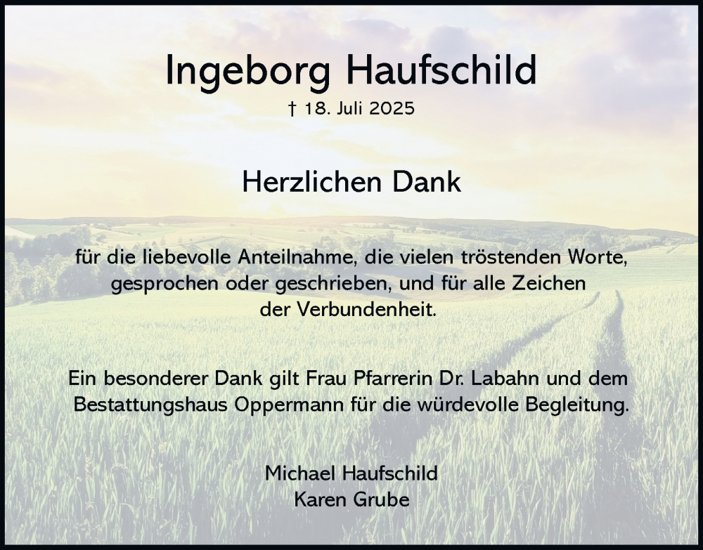  Traueranzeige für Ingeborg Haufschild vom 23.08.2025 aus Wolfenbütteler Zeitung