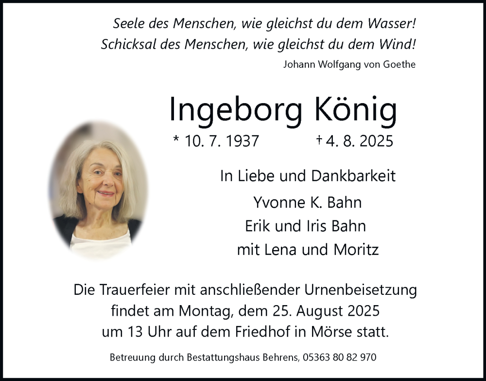  Traueranzeige für Ingeborg König vom 16.08.2025 aus Braunschweiger Zeitung, Wolfsburger Nachrichten