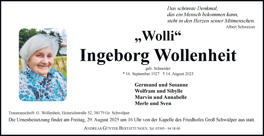  Traueranzeige für Ingeborg Wollenheit vom 23.08.2025 aus Braunschweiger Zeitung