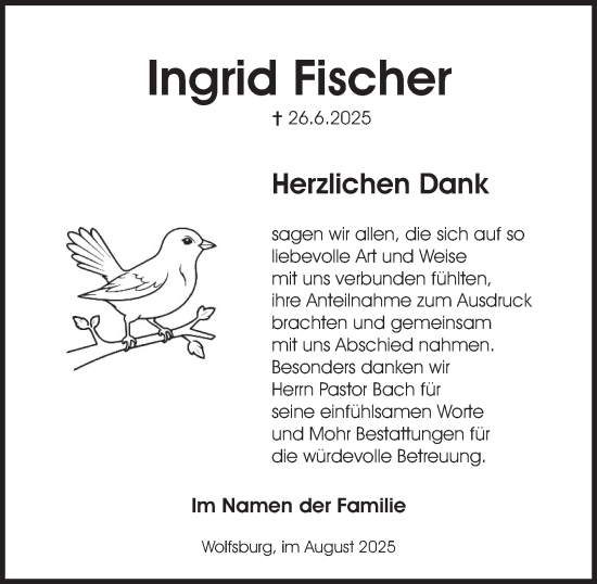 Traueranzeige von Ingrid Fischer von Braunschweiger Zeitung, Wolfsburger Nachrichten
